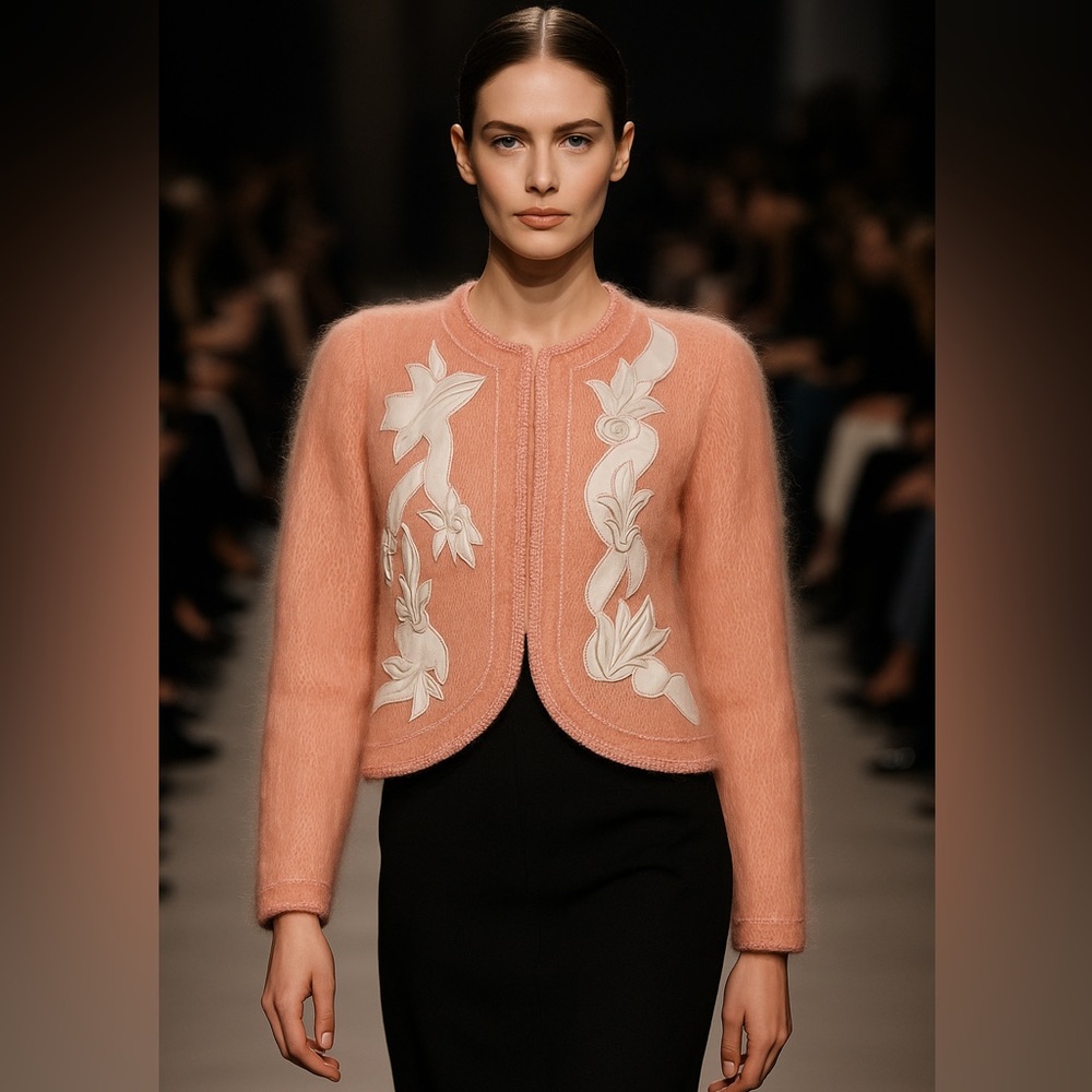 Gorgeous pastel peach mohair leather embellished dressy cardigan crochet trim